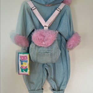 Light Blue Denim Baby Jumpsuit with Pink Fur Trim and matching backpack